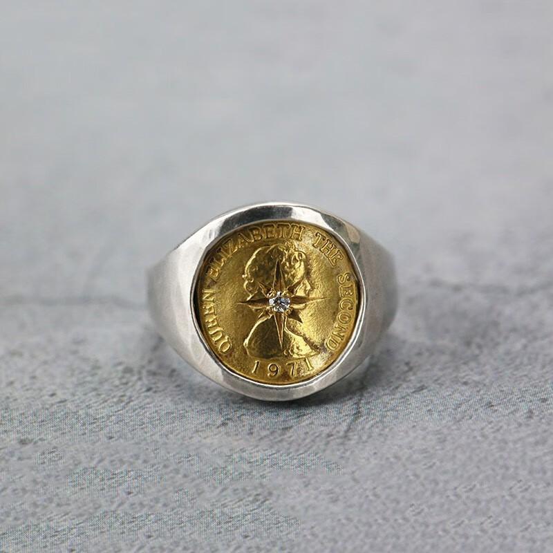 Adjustable Vintage Copper Coin Ring With Rhinestone Rays Unisex Retro Statement Jewelry Men Women