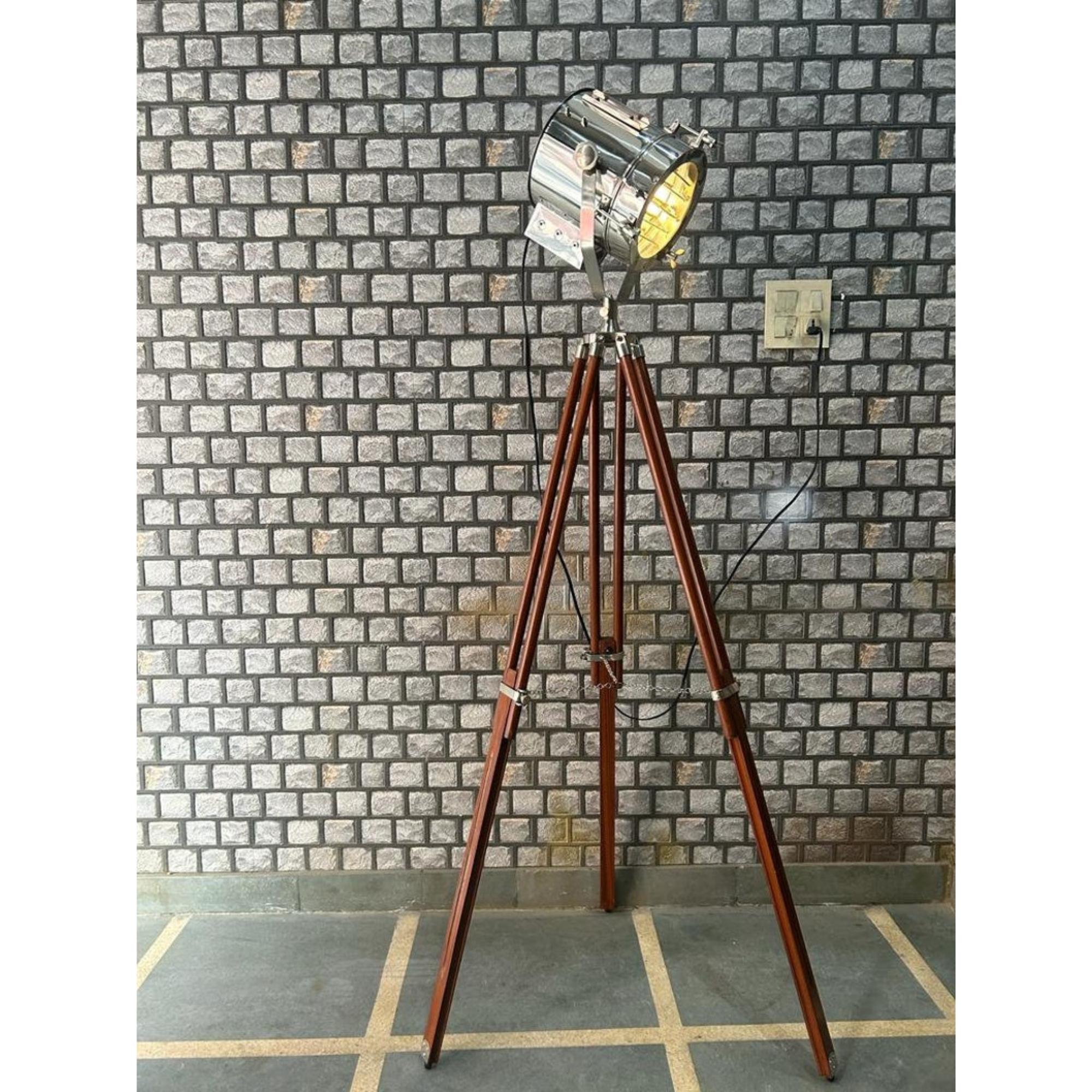 

Industrial Nautical Theater Searchlight Floor Lamp - Chrome Finish with Adjustable Wood Tripod - 70-Inch Designer Spotlight for Home Decor