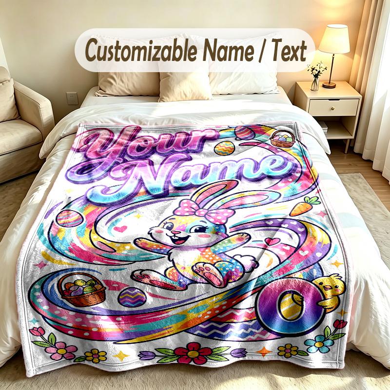 Easter Bunny Theme Soft Blanket Personalized Custom Name Text Print Warm Blanket Home Sofa Bedroom Decor