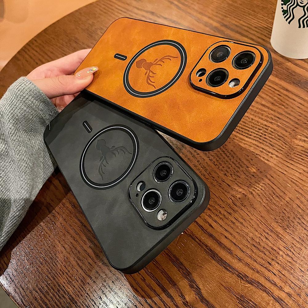 Cartoon Deer Head PU Leather Magnetic Phone Case For iPhone 16 Pro Max 16ProMax Wireless Charging Precise Hole Camera Back Cover