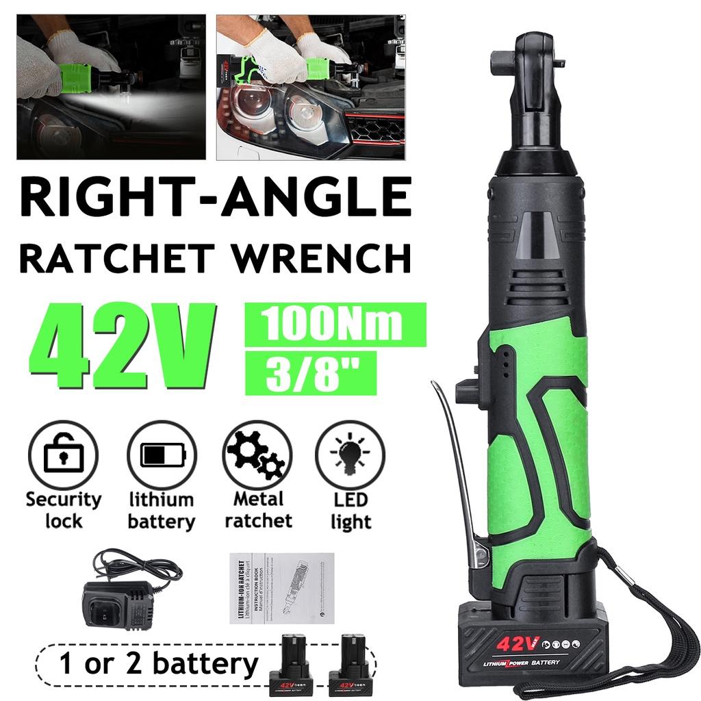 100Nm Rechargeable Electric Wrench 3/8" Cordless Ratchet Scaffolding Right Angle Wrench Tool with 1/2 Battery Charger Kit 42V