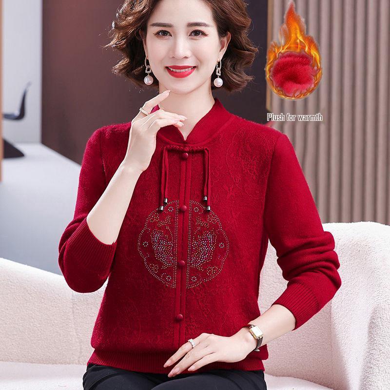 2024 Elegant Velvet Sweater for Women 50+, Chinese Style, Warm and Thick Base Layer for Mother's Wear.