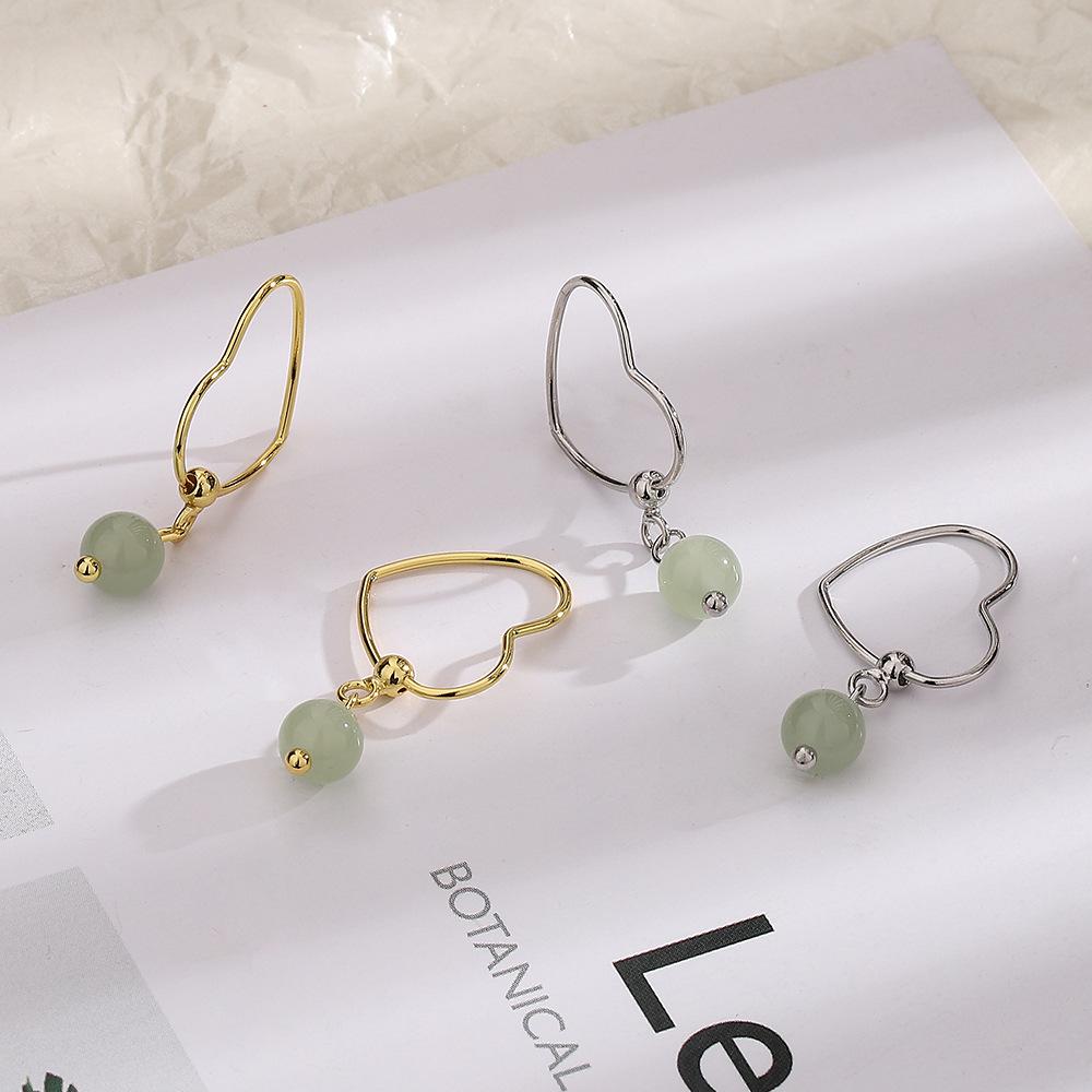 Hollow Heart-Shaped Hetian Jade Ear Buckle Transfer Round Bead Love Earrings Minimalist Style Jasper Bead Earrings Female