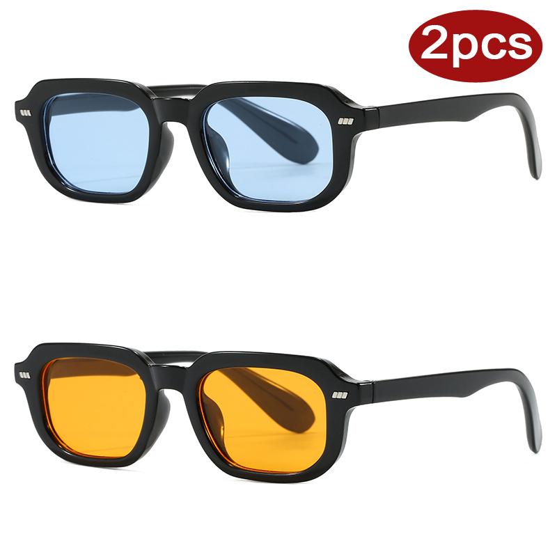 2Pcs Fashion Small Frame Rectangle Sunglasses High-Quality Simple Style Sun Glasses Vintage Men Women Rivet Eyeglass Uv400