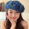 Flower Denim Camellia Beret Hat Artistic Painter Caps Elegance Denim Beret  Lady