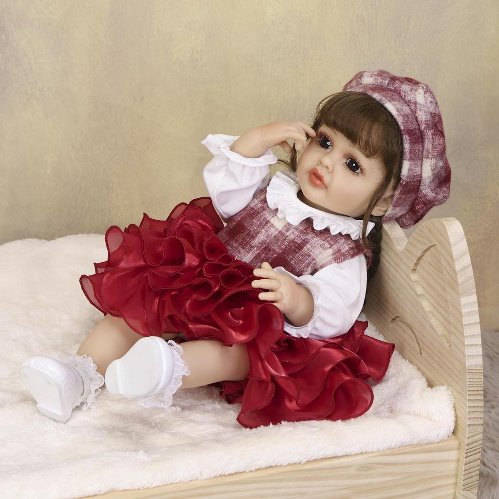 KEIUMI Full Silicone Vinyl 22 Inch Red Dress Lively Reborn Baby Doll Realistic Skin Babies Doll Children Gift