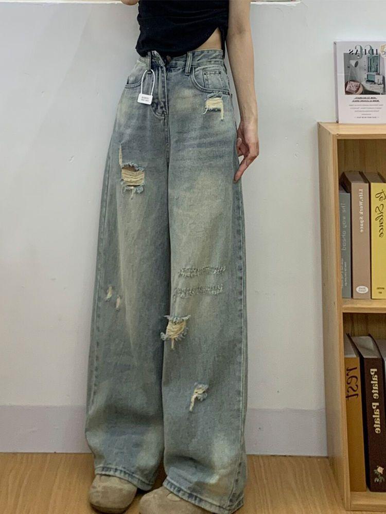Comfortable High Street Broken Holes Jeans Women's Year Straight Small People Loose High Waist Thin Wide Leg Trousers Jeans for Women Long Denim Pants