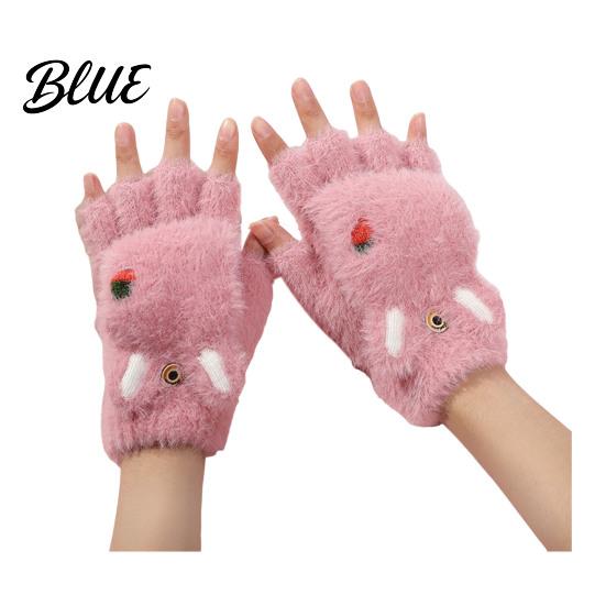 Fingerless Gloves with Flap Cover Furry Cat Paw Thermal Gloves Flip Top Mitten Button for Women Winter Cozy Outdoor Cold Weather Plush Half