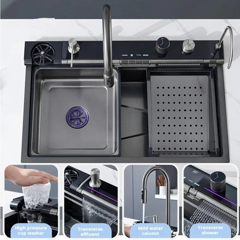 304 New Digital Display Waterfall Sink Stainless Steel Kitchen Sink With Smartphone Holder Embossed Large Single Slot Wash Basin