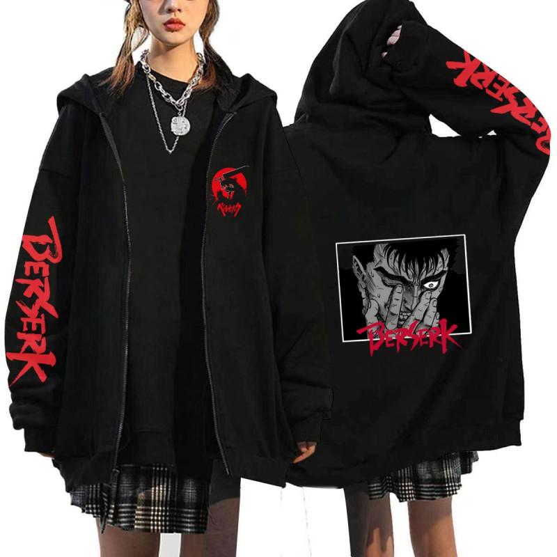 Berserk Anime Hooded Zip-Up Sweatshirt Men Oversized Fleece-Lined Pullover With Drawstring Cap Side Pockets