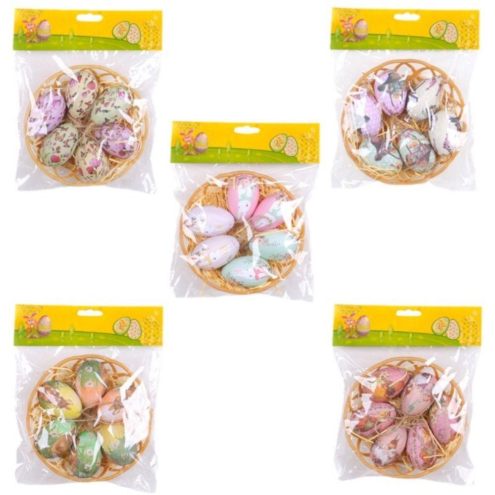 6PCS Plastic Easter Eggs Colorful Mini Bunny Eggs Hanging Ornament DIY Craft Multi-pattern Colorful Eggs Decoration for Gift