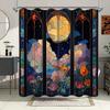 Stained Glass Shower Curtain - Art Nouveau Floral Celestial Design, Pink Blue Green Flowers, Clouds & Moon, 12 Hooks