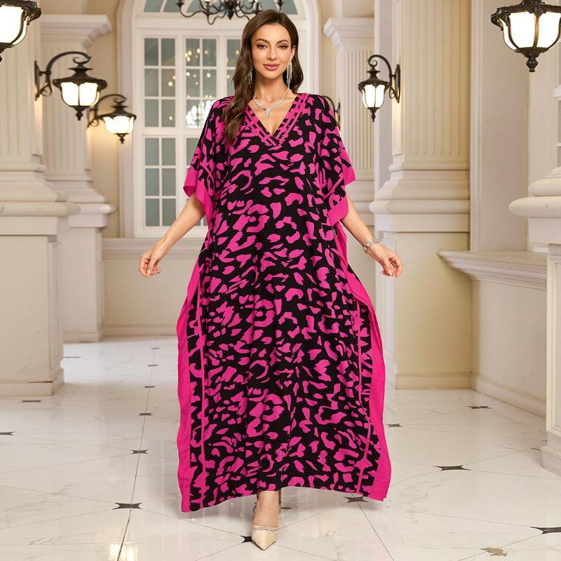 Women's Fashion Summer Spring Solid Color Print 1/2 Sleeves V-Neck Loose Waistline Casual Dresses