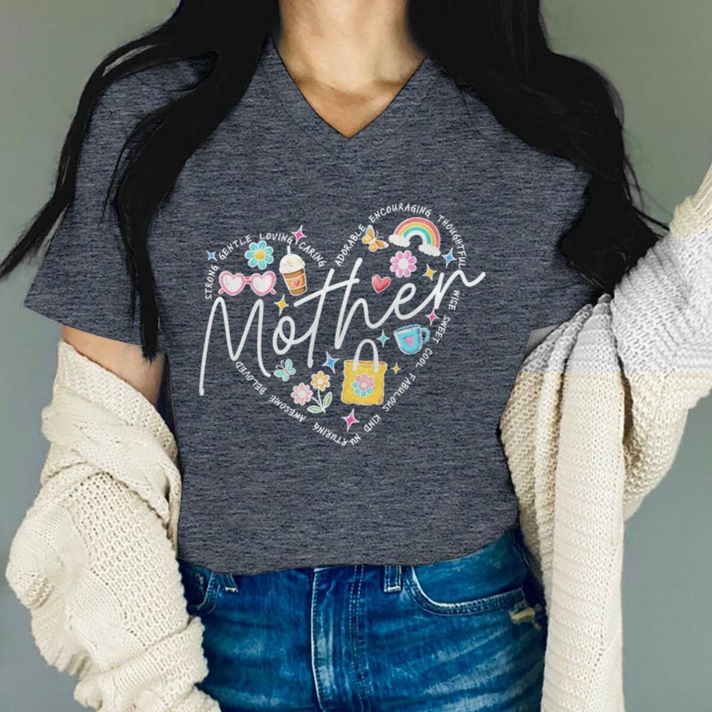 Mother V-Neck T-Shirt Heart Graphic with Positive Words Printed T-shirt Soft Mom Life Tee Mother Inspirational T-Shirt