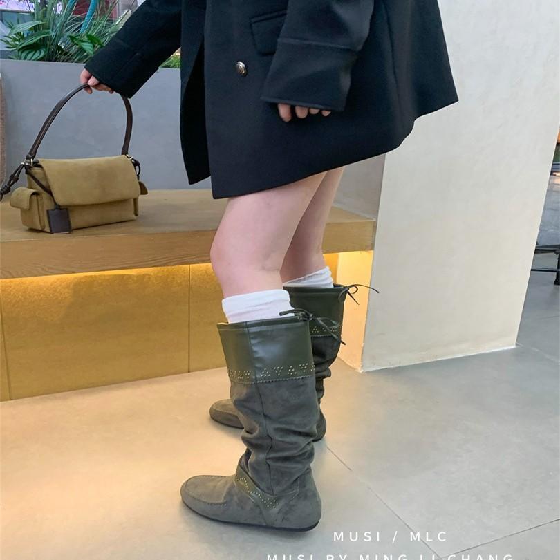 2025 New Boots Maillard Rivets Inner Height Increase Western Cowboy Boots Brown Boots Women