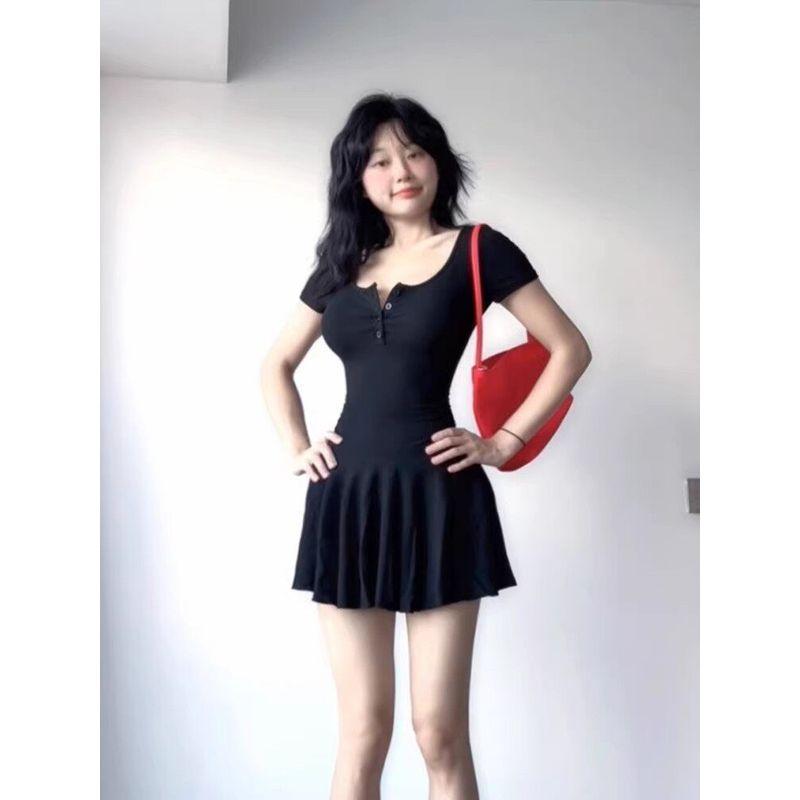 

Syj/Shuyijia Slightly Oversized Girls Pure Desire Unique Beauty Dress Plus Size Slim Looking Short Skirt Cover Belly Small Skirt Summer Black [High Quality Version] M