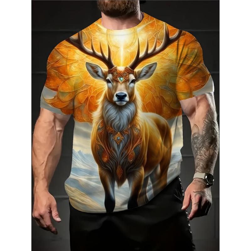 Men's Plus Size 3D Deer Print T-Shirt - Oversized Fit Suitable for Outdoor Sports & Casual Wear,