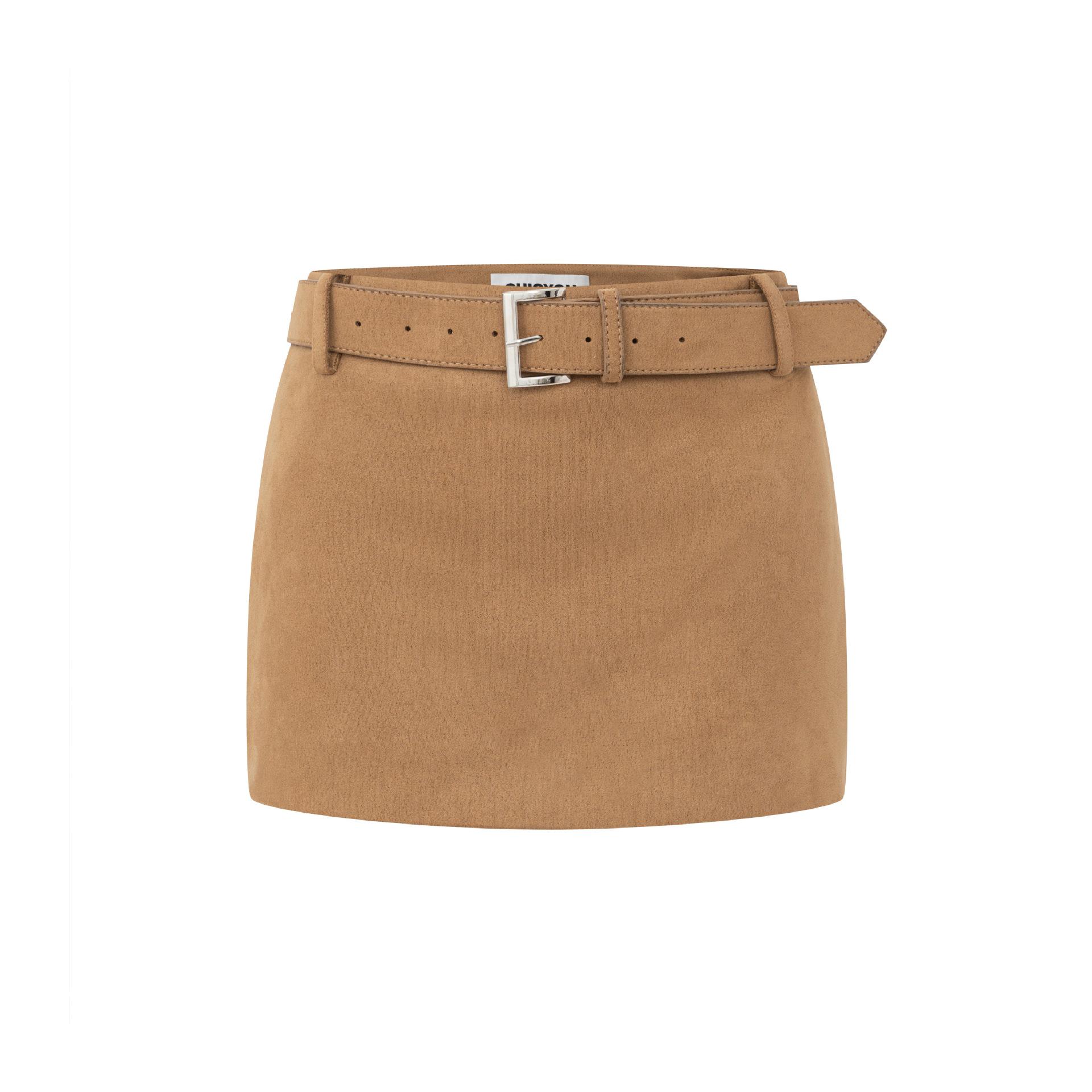 

CHICYOU Brown Faux Suede Belted Half-Length Skirt - Versatile, Fashionable, Slimming. L світло-коричневого кольору