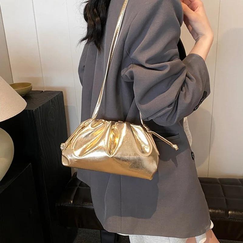 Small Luxury Design Women's Soft PU Leather Gold Silver Cloud Hobo Bag Elegant Dressy Handbag Ruched Dumpling Party Clutch Purse