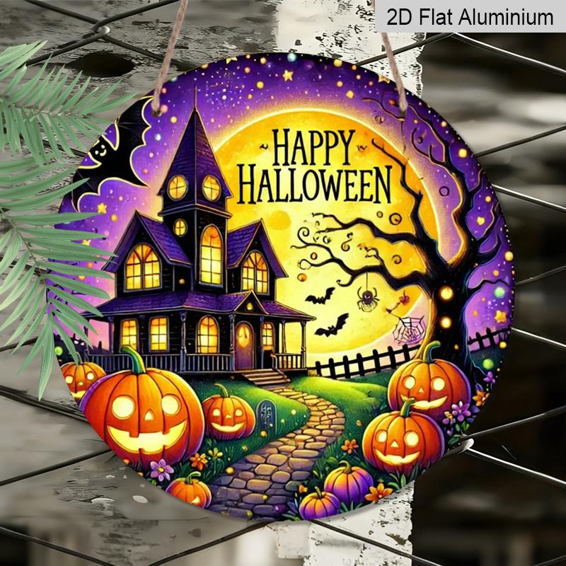 2D Flat, 1pc Round Aluminum Hanging Sign - Haunted House and Pumpkin Lantern Design, Happy Halloween Wall Decor, Durable Aluminum Sign, Suitable for
