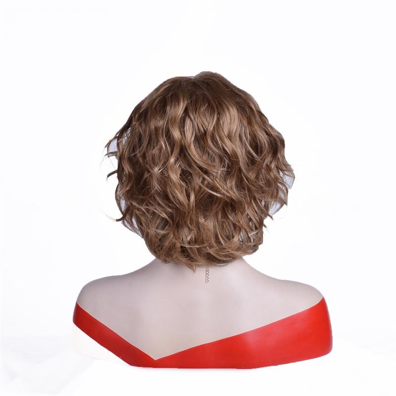 Synthetische Kurze Lockige Perücken für Frauen Hellbraune Perücke mit Pony Halloween Kostüm Perücke Weiblich Cosplay Damen Mama Perücke Modeperücken