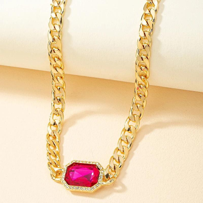 Obega Fashion Collana a Catena Cubana Scintillante Pietra di Cristallo Verde Colore Fucsia Brillante Strass Quadrati Sexy Choker