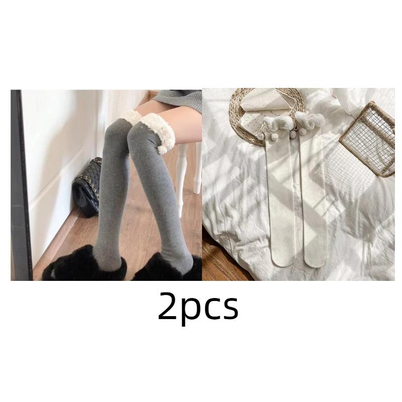 Winter Women Stockings Warm Wool Cashmere Thigh High Sock Korean Lolita Sweet Girl Cute Pompom Over Knee Long Socks
