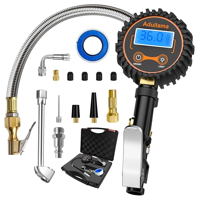 Digital Tire Pressure Gauge With Inflator, 250 PSI Heavy Duty Air Chuck Air Compressor Attachments, Improved Leaks Protection & Stainless Braided