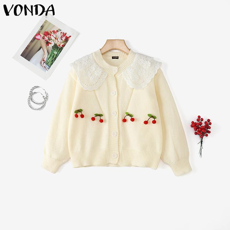 VONDA Oversized Women Long Sleeve Lace Splicing Casual Loose Knitted Sweaters