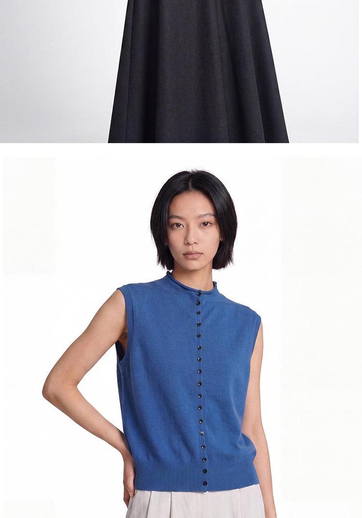 Elegant 100% Wool Sleeveless Knit Top for Women - Autumn/Winter Collection with Rolled Edge Stand Collar