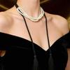 Black Braided Tassel Pearl Necklace - Women's Layered 2026 Style Sweater Chain Accessory