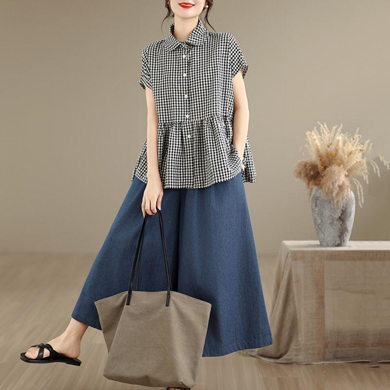 Short Sleeve Oversized Vintage Plaid Shirts & Blouses for Blouse Casual Loose Summer Tops Women Button Up Shirt