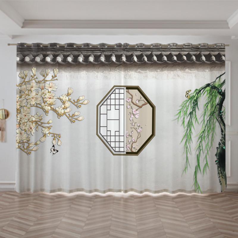 2pcs Chinese Mountain Lnk Painting Print Curtain Grommet Top Polyester Material For Living Room Bedroom Kitchen Free Shipping