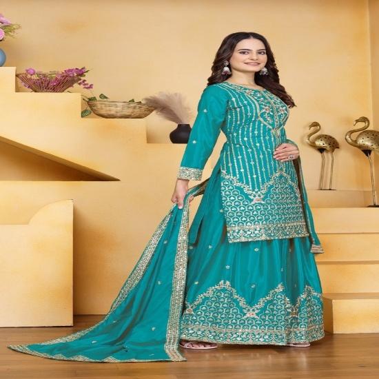 Royal Teal Green Embroidered Silk Sharara Suit Set S