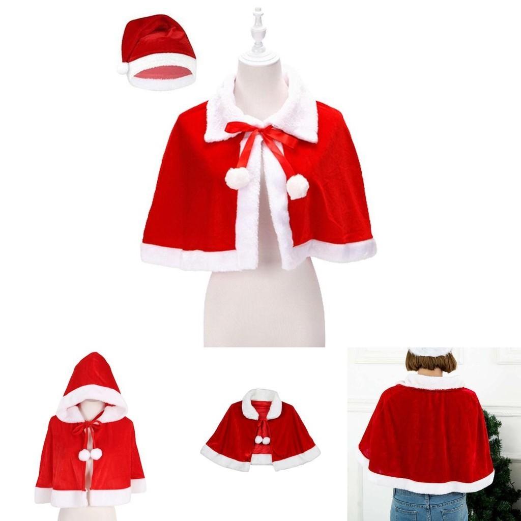 Xmas Red Velvet Santa Claus Hooded Cloak With Hat For Kids Adults