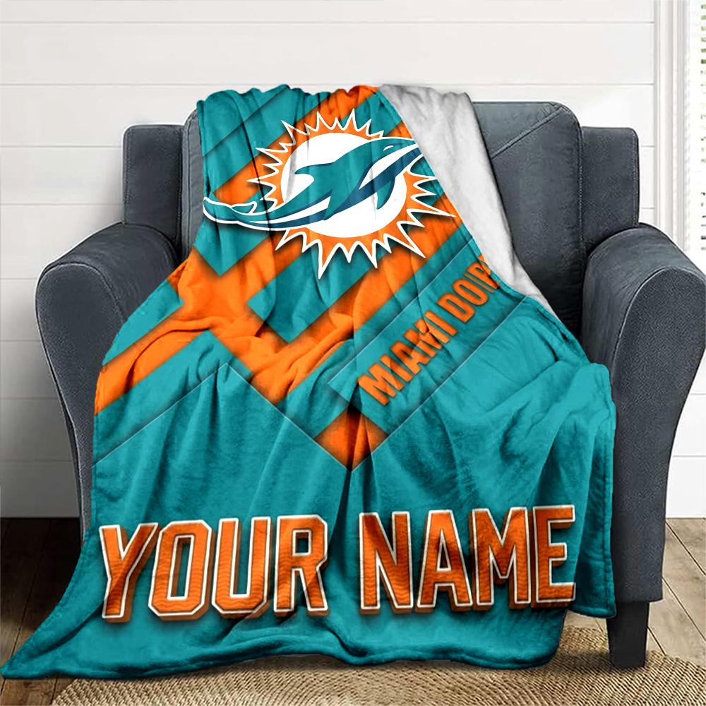 Name Custom Miami Dolphins Logos Print Flannel Blanket High Quality Warm Comfortable Cover for All Seasons Perfect for Gifts Home Decor