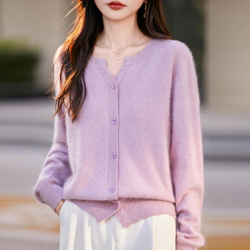 Women's Seamless 100% Pure Wool Cardigan - Round Neck, Loose Fit, Brushed Knit Sweater