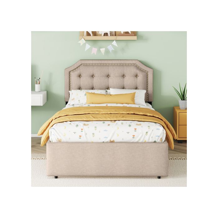 Lit - MUVOE - 90x200 Cm - Beige Foncé - Rembourré Avec Tiroirs - Design Élégant