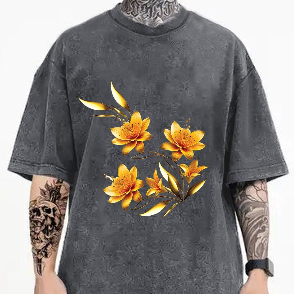 Golden Floral Print Mens Cotton Graphic Tee Casual Short Sleeve TShirt Breathable Summer Fashion