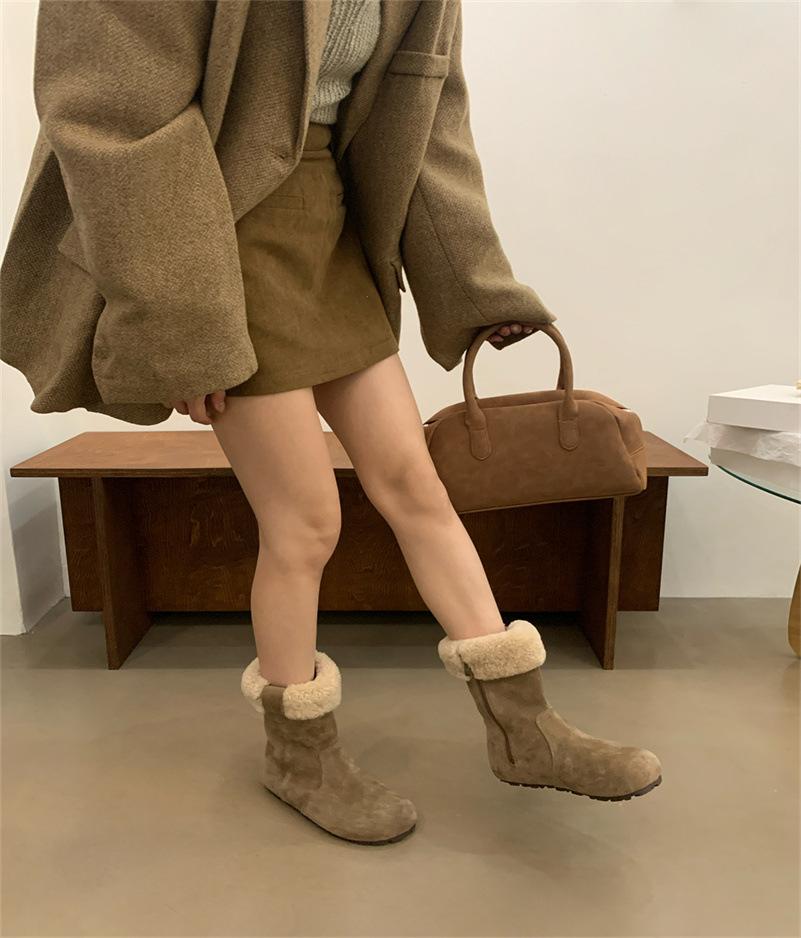 2025 autumn and winter round head flat bottom thin short boots women's retro fur versatile temperament Martin boots