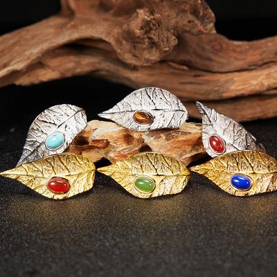 Original Personalized Leaf Design Fashionable S925 Sterling Silver Natural Colored Treasure Ring Niche Premium Index Finger Ring Couple Ring