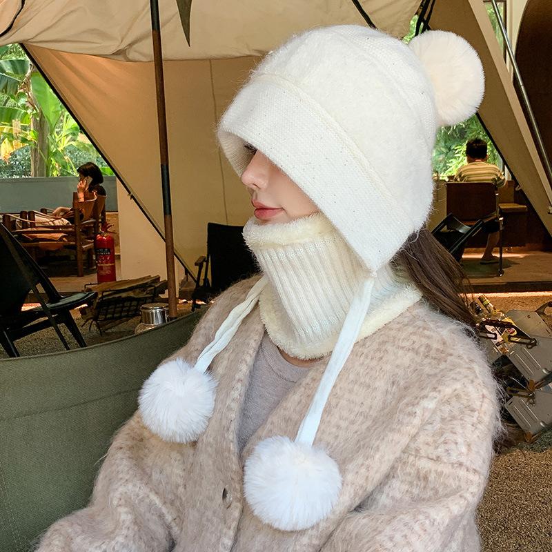 

Warm rabbit fur knitted hat winter women s cold-proof scarf plush thick ear protection face pullover hat wool hat separate hat (without scarf)