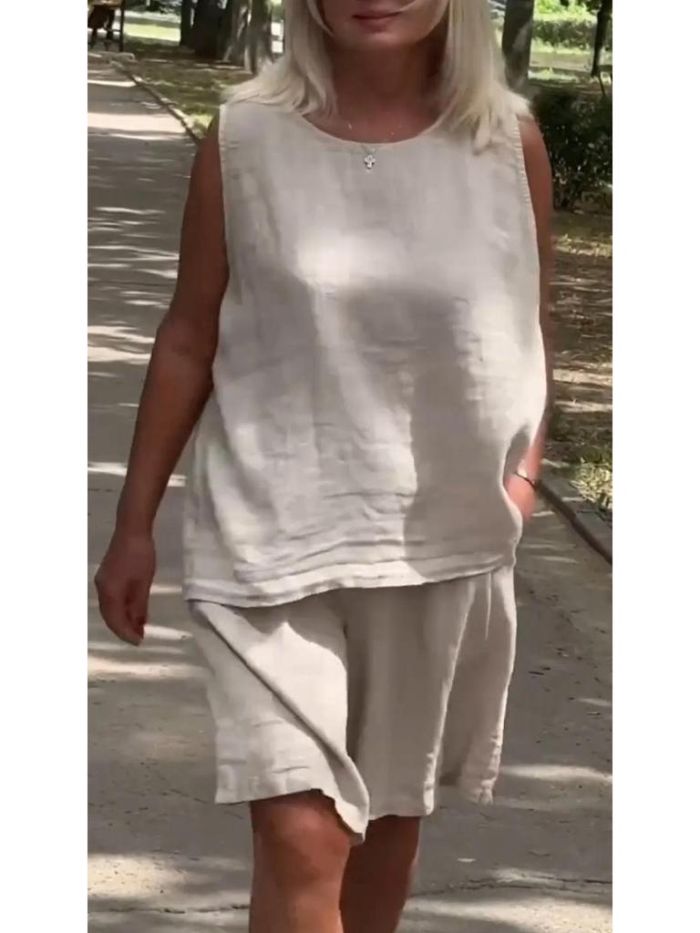 Women's Cotton & Linen Sleeveless Shorts Set - Casual Round Neck Design