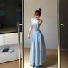 French blue square neck suspender dress women's summer seaside vacation temperament advanced sense waist thin fluffy dress
