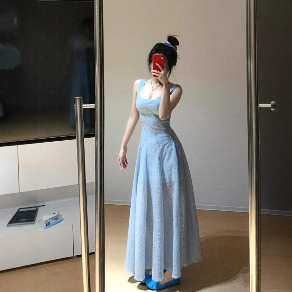French blue square neck suspender dress women's summer seaside vacation temperament advanced sense waist thin fluffy dress