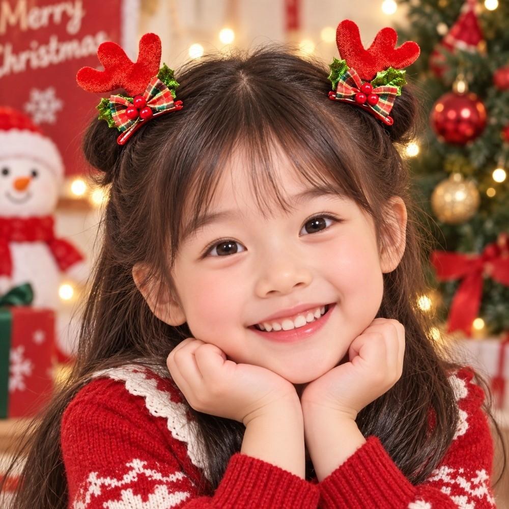 2pcs/set Pom-pom Reindeer Antler Hair Clips with Bow Plush Hair Clips for Kids