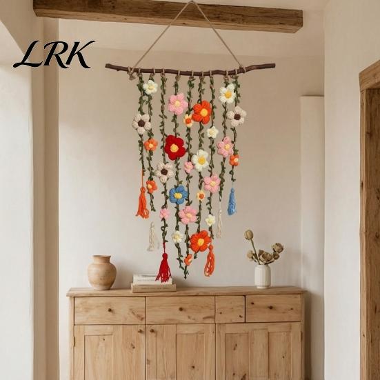 Easy To Hang Wall Art Bohemian Crochet Flower Hanging Tapestry, Handmade Tassels Decor Tapestry with Wooden Stick, Living Room Bedroom Decoration