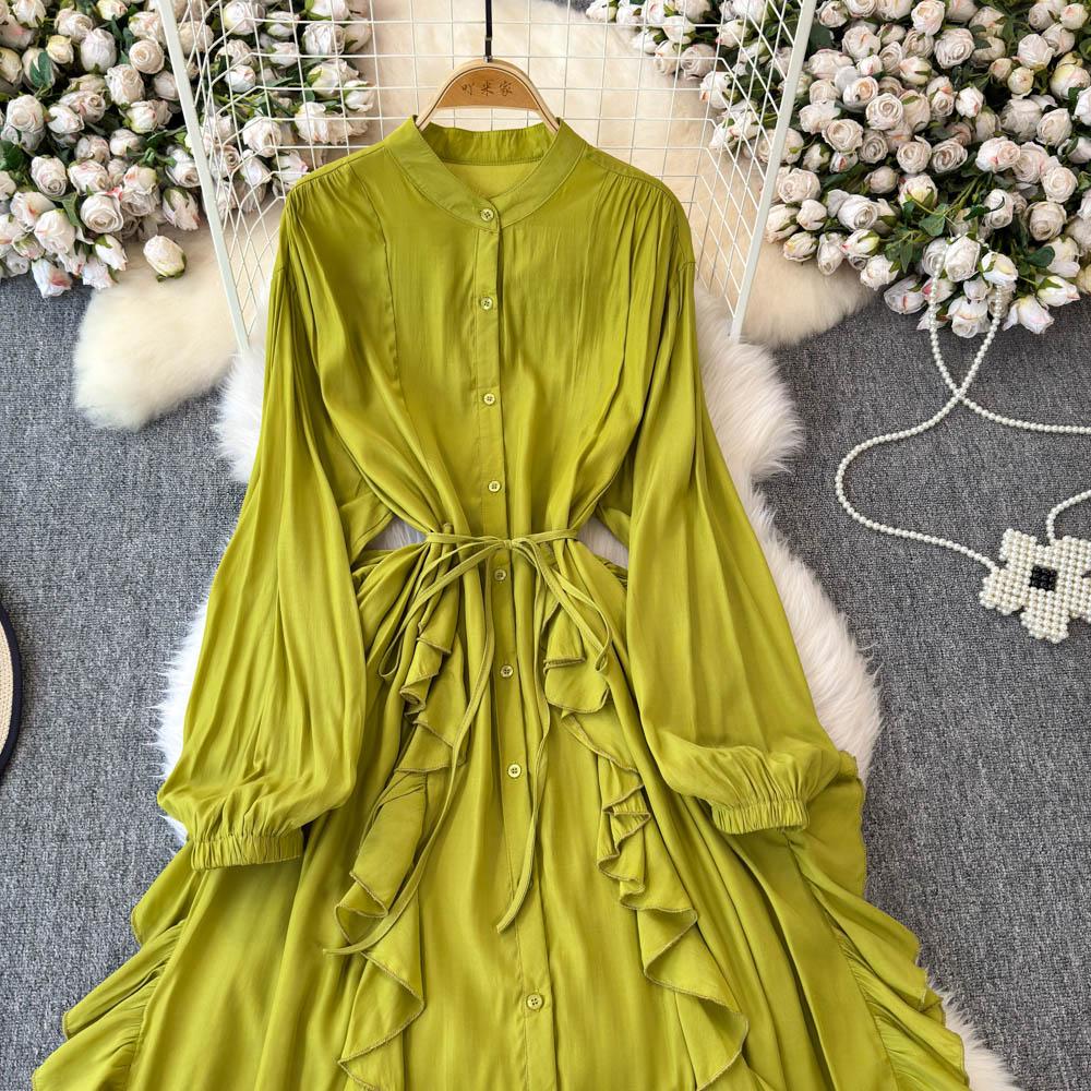 Jemný styl Temperament Bublinkové rukávy Stojáček Stahovaný pas Áčkový střih Volánový okraj Šifonové šaty Elegantní Velká kolová Dlouhé šaty