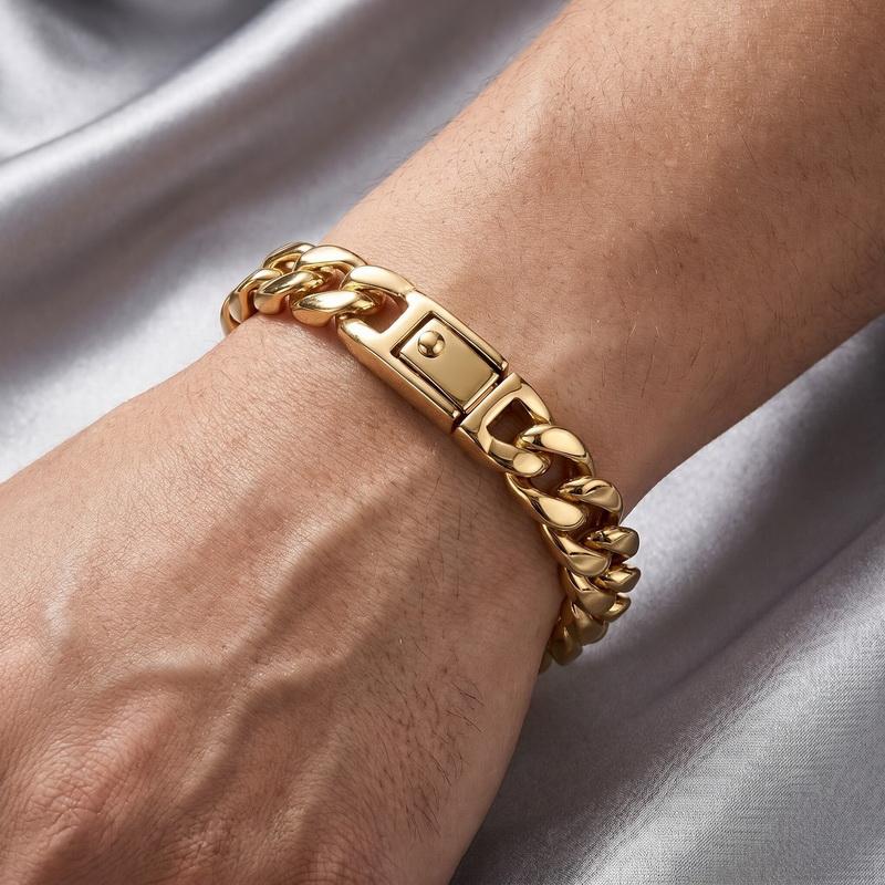 Men‘s Stainless Steel Cuban Link Chain Bracelet Wristband for Men Classical Jewelry Bracelets with Spring Clasp Waterproof 11MM