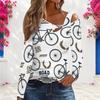 Women Plus Size Asymmetric Cutout Neck Cold Shoulder Long Sleeve Bicycle Printed White Fitted Top